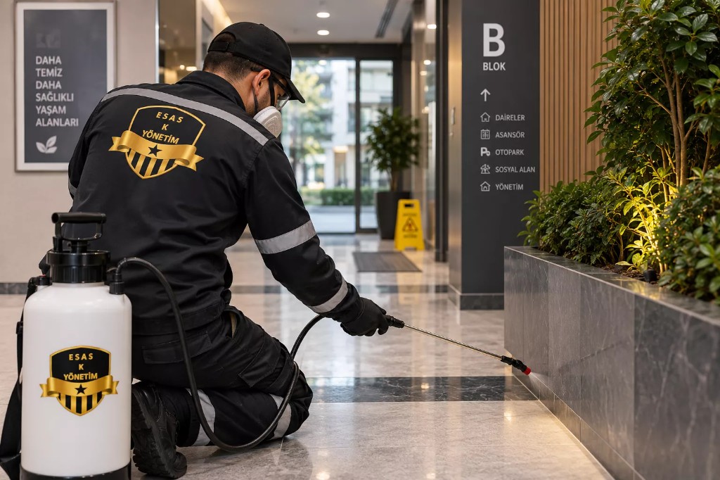 Site holünde haşere kontrolü uygulayan Esas K Yönetim personeli