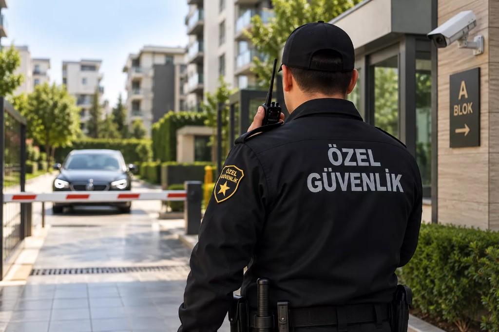 Site bariyerinde telsizle görev yapan özel güvenlik görevlisi