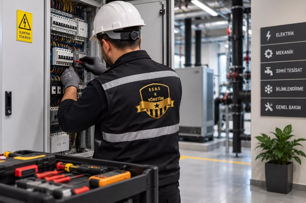 Elektrik panosunda bakım yapan Esas K Yönetim teknik personeli